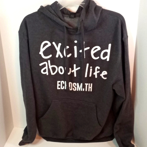 MENS GRAY TULTEX EXCITED ABOUT LIFE ECHOSMITH HOODIE SIZE MEDIUM - Picture 1 of 4